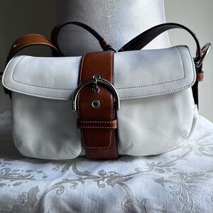 White Leather Coach Bag with Brown Straps and Silver Hardware. COACH